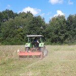 Ein Traktor mäht eine Wiese.