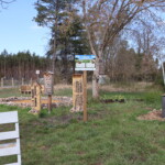 Auf Wiese mit Baumen stehen mehrere Insektenhotels und eine Infotafel