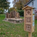 Wildbienen-Nisthilfe im Vordergrund; im Hintergrund von Steinen eingefasstes Sandarium mit stehendem Totholz