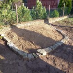Eine ca. 2 x 1,5 Meter große Sandfläche mit kleinen Steinen eingefasst an einem Gartenzaun