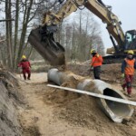 Ein großes Betonrohr liegt in einem Graben, ein Bagger schaufelt das Rohr mit Erde zu. Drei Bauarbeiter überwachen und begleiten die Arbeiten.