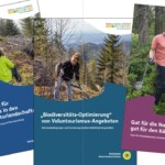 Drei Broschüren-Titelseiten mit jeweils einem Foto von in Waldumgebung arbeitenden Menschen und den Titeltexten „Erfolgsfaktoren für Voluntourismus in den Nationalen Naturlandschaften“, „Biodiversitäts-Optimierung von Voluntourismus-Angeboten“ und „Gut für die Natur, gut für den Körper“.