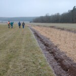 Eine Wiese mit einer frisch gepflanzter Hecke. Die Arbeiter verlassen die Wiese.