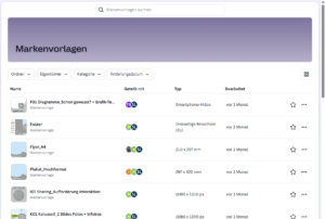 Auf der Plattform Canva im Ordner „Markenvorlagen“ sind Vorlagen verschiedener Typen aufgelistet, darunter ein Smartphone-Video, eine dreiseitige Broschüre, ein Flyer und ein Plakat.