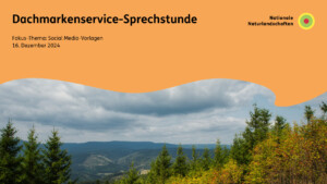 Auf einem PowerPoint-Slide ist die Überschrift „Dachmarkenservice-Sprechstunde“ zu lesen. Mit diesem Slide begrüßten die beiden Dachverbände ihre Markennutzenden zur ersten Sprechstunde. Sie trug das Fokus-Thema: Social-Media-Vorlagen.