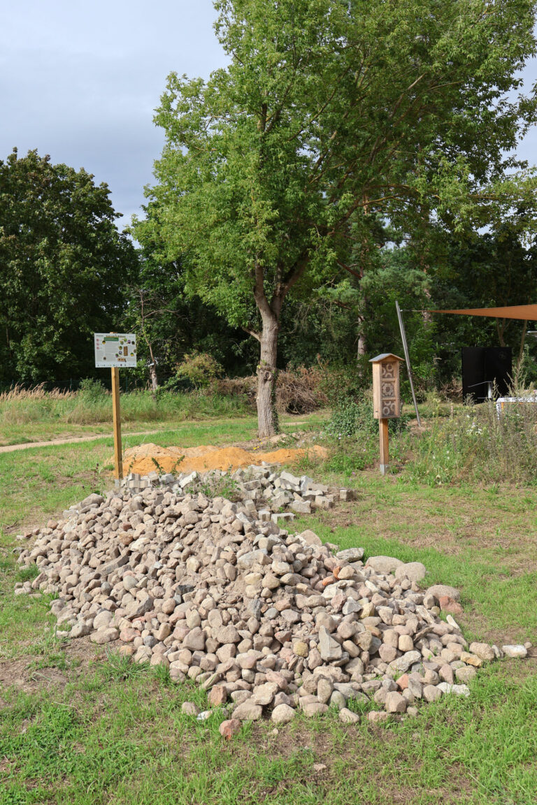 Lesesteinhaufen mit Infotafel umgeben von Wiese und Bäumen
