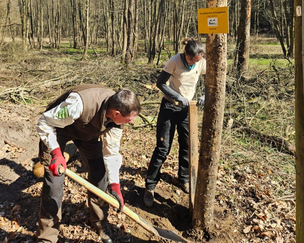 Zwei Personen graben am Fuß eines Holzpfostens mit Schutzgebietsschild