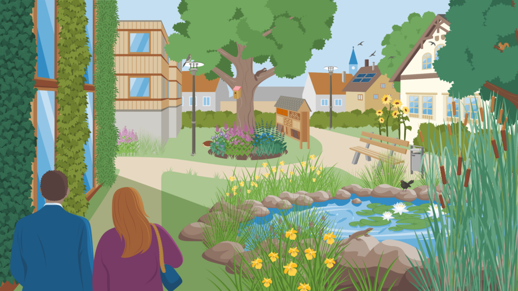 Illustration einer vielfältigen Stadt mit Grünflächen, einem Teich, einem Insektenhotel in einem Park und allerlei Tieren und Pflanzen. Beispielsweise sieht man Igel, Eichhörnchen Sonnenblumen und Seerosen.